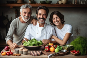 happy family sitting in rustic kitchen with vegetables on the table