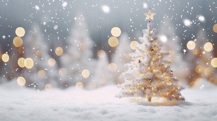 christmas background focused on christmas tree on the white and gold beautiful bokeh background. Generative ai