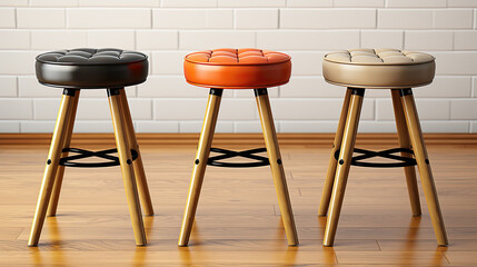 Three modern wooden stools with leather cushions in different colors