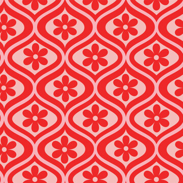 Retro red flower on mid century ogee seamless pattern. For home décor, wallpaper, fabric and textile
