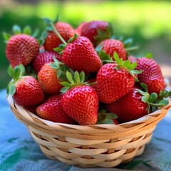 Strawberries in a wicker basket on a background of green grass