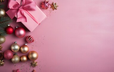 Gorgeous matte pink top view background with stars, bubbles and a pink gift. Christmas poster with copy space for your text at the right.