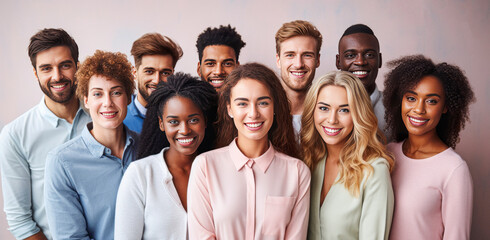 Group of multiracial friends of startup company employees stand successful and happy together with a smile on their face - obrazy, fototapety, plakaty