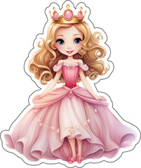 Pink Princess Sticker with cut lines, Cartoon Style