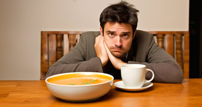 hombre desanimado desayunando