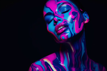 Innovative Beauty Advertising Shoot, Talented Model Showcases Her Unique Style, Neon-Painted Body and Face Contrasting Beautifully with Dark Abstract Backdrop, Creating a Visually Stunning