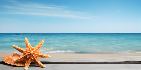 Fototapeta na wymiar A starfish on a beach with the sea, Starfish in crown with ocean, beach, white boat and seascape, summer beach, Generative Ai 