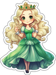 Green Princess Sticker with cut lines, Cartoon Style