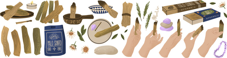 Set with Holy sacred Palo Santo incense sticks. The practice of cleansing by burning incense. Maintaining life balance, replenishing energy. Vector illustration isolated on white background.