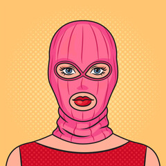 Woman wearing pink balaclava on her head pinup pop art retro vector illustration. Comic book style imitation.