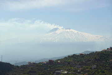 The panorama of Etna from Taormina, Sicily, Italy