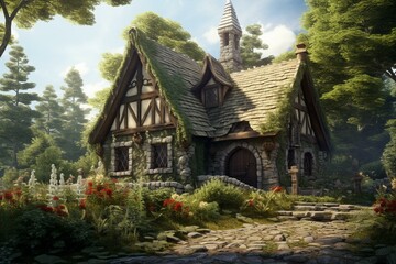 A 3D rendered cottage inspired by medieval fantasy. Generative AI