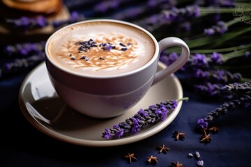 Homemade Cappuccino raf coffee with lavender on dark background. Close up.