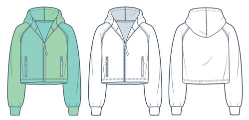 Crop Hoodie technical fashion illustration. Hooded Sweatshirt, Cardigan fashion flat technical drawing template, raw, raglan, zip-up, front, back view, white, green, women, men, unisex CAD mockup set. © Liubov Hladka