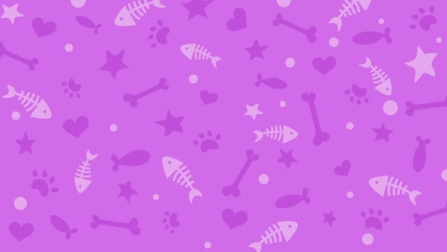 Animated pattern with bones, fish, heart, paw icons on a pink background. Animal looped motion graphics.
