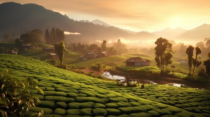 Landscape tea plantation background, Beautiful tea plantations landscape in morning light