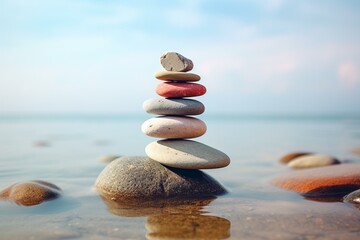 Fototapeta na wymiar Stack of balanced stones portraying harmony and meditation concept. Generative AI