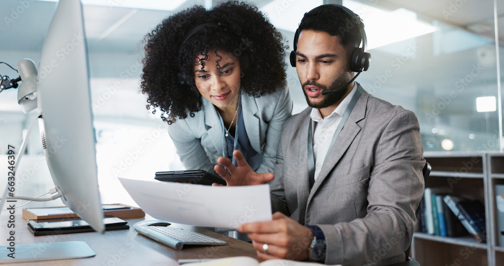 Poster call center, training and learning in office with mentor, technical support and advice for working o
