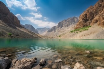 Landscape of enchanted lake and majestic mountains in Iran. Generative AI