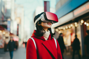 Japanese young woman using VR headset in the streets of Japan