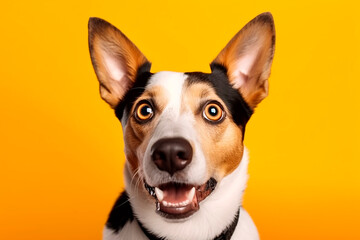 cool, funny, happy dog portrait in front of colorful background