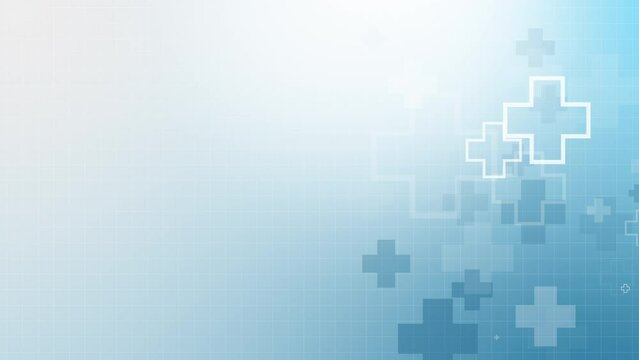 Abstract medical blue background with shapes of crosses. Animation of healthcare symbols. Looped motion graphics. Copy space.