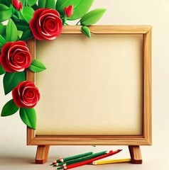  3D computer-rendered image of art board made up of a wood stand with colored pencils green leaves and red roses on a paper corner frame used as mock-up With realistic stylish background, 4k