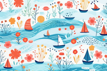 Seascape quirky doodle pattern, wallpaper, background, cartoon, vector, whimsical Illustration