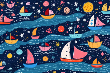 Seascape quirky doodle pattern, wallpaper, background, cartoon, vector, whimsical Illustration