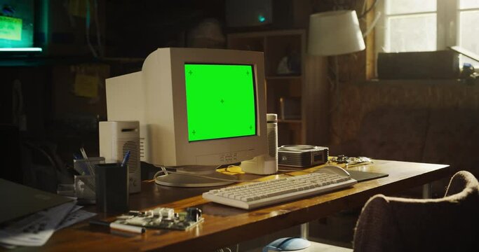 Empty Workplace Of Hardware Engineer In Retro Garage: Old Computer With Green Screen Chromakey On Display Standing On The Desk. Printed Circuit Board And Documents With Blueprints Laying On Table.