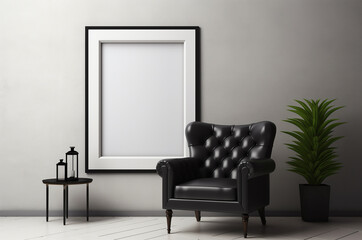 Mockup 3d interior. White Painting on the wall. Design. Black Chair
