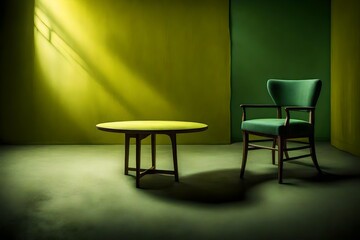 A solitary chair and table, bathed in soft, colorful light from the dark grey and yellow-green background.