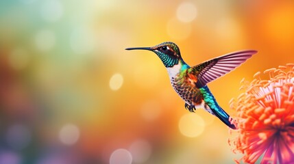 Fototapeta premium Wide-billed Hummingbird .Hummingbird, in flight facing away from the camera with colorful flowers in the background.