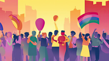 Fototapeta na wymiar Generative IA illustration of Lgbt people tolerance, parade, flags, balloons, lgbtq + pride, two - dimensional illustration in flat colors