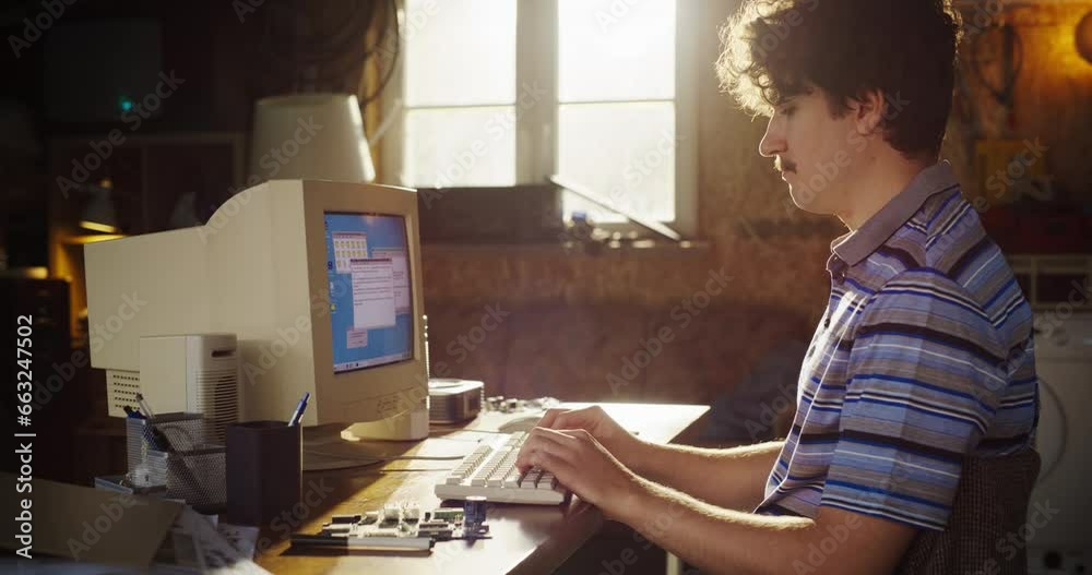 Aufkleber side view of caucasian male engineering student writing academic thesis on old desktop computer in r