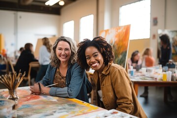 Cheerful middle aged woman with Young artist woman attend a painting workshop together and have fun. happy and cool smile on face. Generative AI