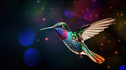 Fototapeta premium Wide-billed Hummingbird .Hummingbird, in flight facing away from the camera with colorful flowers in the background.