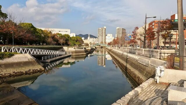 Beautiful autmn day in Nagasaki view over a canal in the port area. Japan