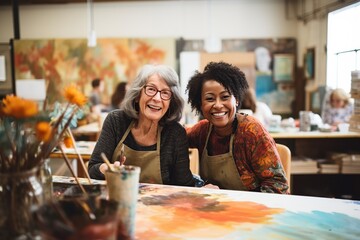 Cheerful middle aged woman with Young artist woman attend a painting workshop together and have fun. happy and cool smile on face. Generative AI - obrazy, fototapety, plakaty