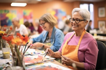 Fototapeta premium Cheerful middle aged woman with Young artist woman attend a painting workshop together and have fun. happy and cool smile on face. Generative AI