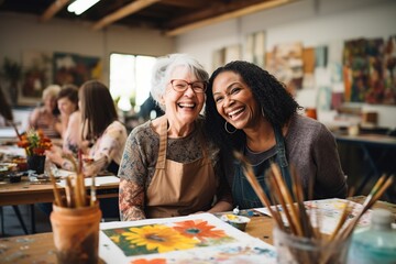 Cheerful middle aged woman with Young artist woman attend a painting workshop together and have fun. happy and cool smile on face. Generative AI