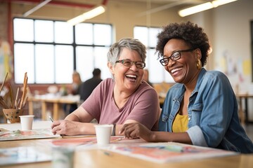 Cheerful middle aged woman with Young artist woman attend a painting workshop together and have fun. happy and cool smile on face. Generative AI