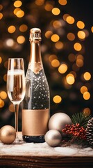 Photo of a glass of champagne next to a bottle on a festive table created with Generative AI technology