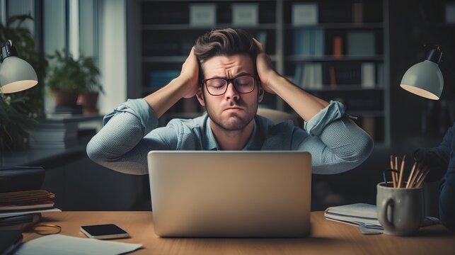 Overemployed and overworked employee struggling to poor time management. Exhaustion, and depression. Unhealthy work life balance and need for better stress management and selfcare in the workplace.
