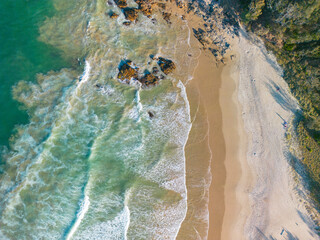 Aerial views of tropical beach and ocean waves in Coffs  Harbour, New South Wales, Australia