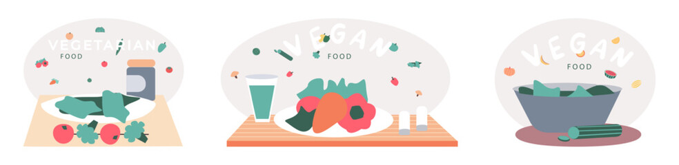 Healthy food, natural ingredients for vegetarian dish, salad. Plate with fresh vegetables, lettuce and tomato vector set. Cook at home, organic food, vegan nutrition, product preparation concept
