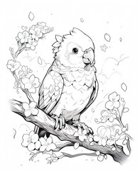 Obraz premium Black and white illustration for coloring birds, parrot.