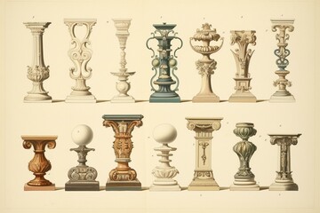 Illustration of pedestals, bases, and mouldings from the 19th century. Generative AI - obrazy, fototapety, plakaty