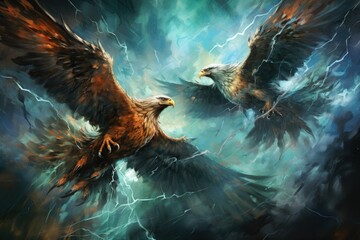 Ferocious thunder hawks, ruling the skies with lightning and thunder as their domain - Generative AI - obrazy, fototapety, plakaty