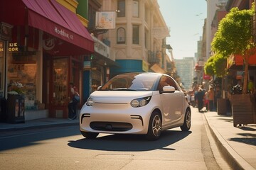 Fototapeta premium Small Compact Electric Car Navigating City Streets Created with Generative AI